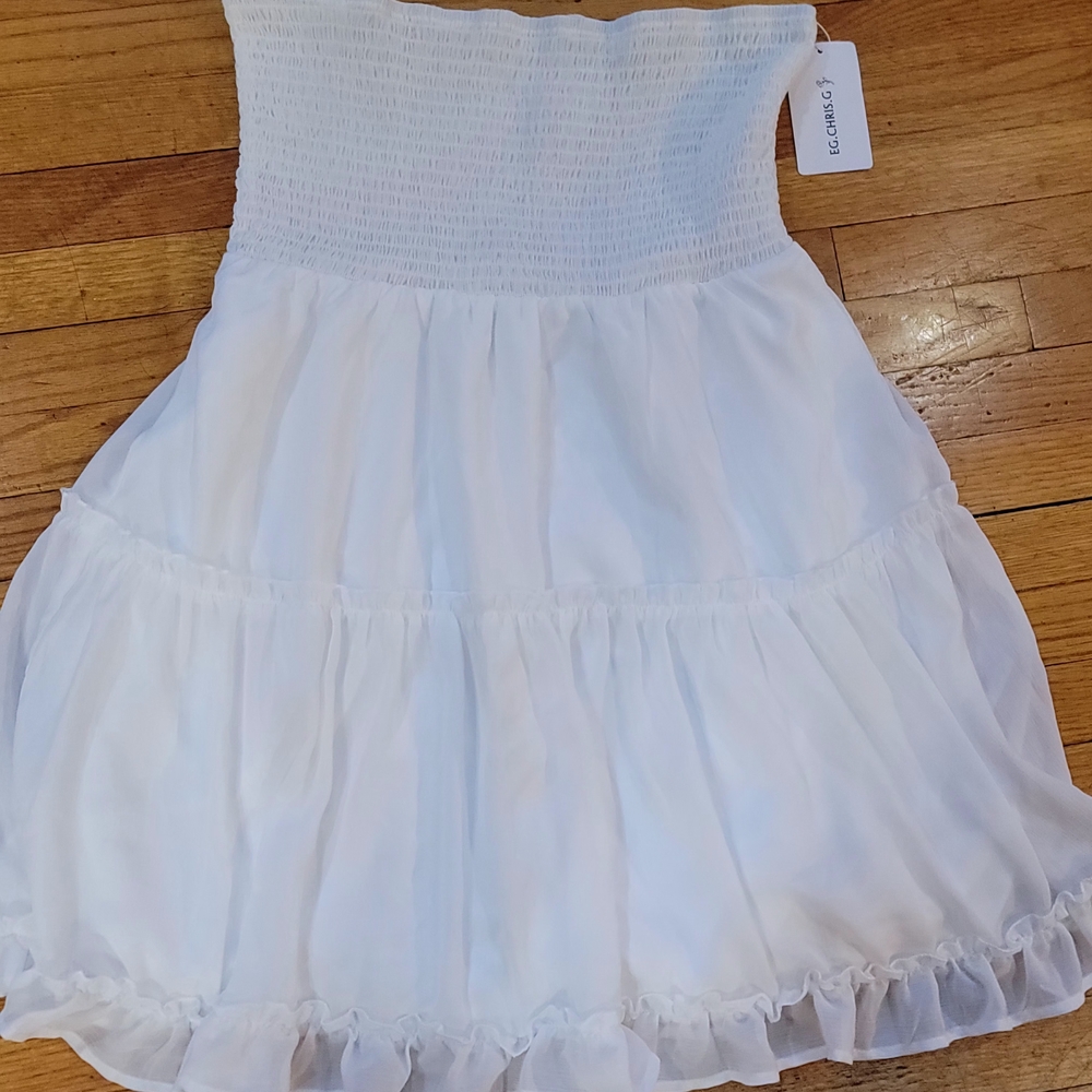 Strapless White Tiered Dress with Smocked Bodice